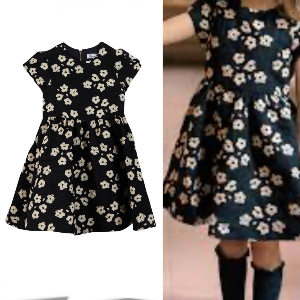 Tartine Et Chocolat Navy And Cream Floral Flare Dress With Iridescent Gold